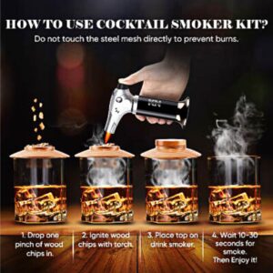 Kinnedine | Cocktail Smoker with Torch, Premium Quality Whiskey Gifts for Men, Best for Bourbon Whisky, Six Flavor Wood Chips for Infusing Cocktails, Wine, Whiskey, Cheese, Salad, and Meat. Cleaning Kit Included for Easy Clean Up. (No Butane)