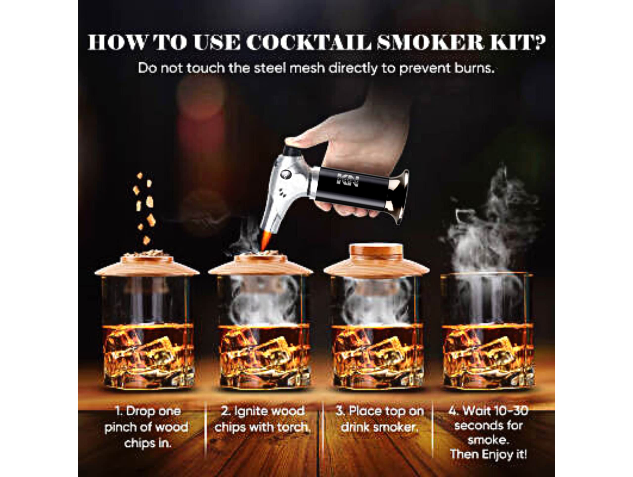 Kinnedine | Cocktail Smoker with Torch, Premium Quality Whiskey Gifts for Men, Best for Bourbon Whisky, Six Flavor Wood Chips for Infusing Cocktails, Wine, Whiskey, Cheese, Salad, and Meat. Cleaning Kit Included for Easy Clean Up. (No Butane)