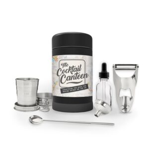 w&p cocktail canteen, travel cocktail kit, w/ cocktail shaker, jigger, bar spoon, funnel, peeler/zester, & glass dropper bottle, tsa approved, on the go carry on, stainless steel,black