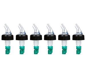 (pack of 6) measured liquor bottle pourers, 0.75 oz, clear spout bottle pourer with green tail and black collar, measured pour spouts by tezzorio