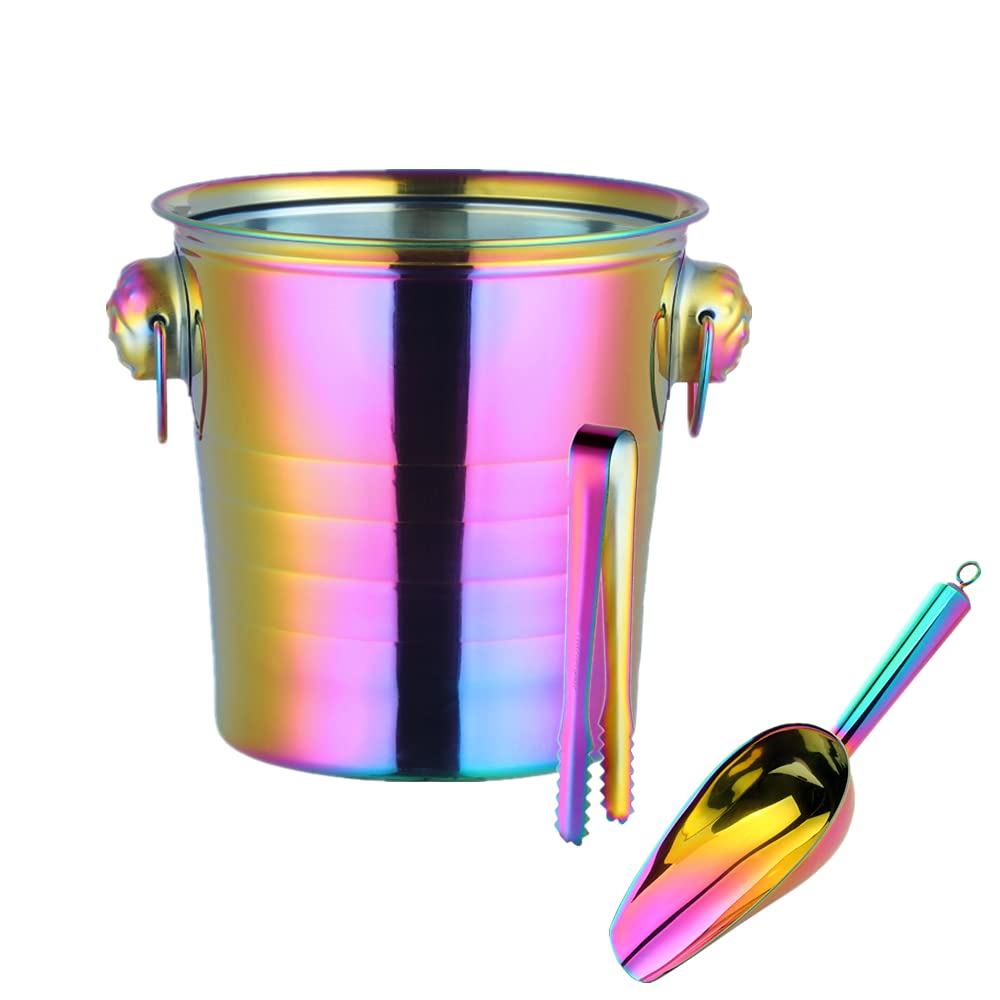 Meisha Stainless Steel Ice Bucket with Scoop and Tong- Insulated Rainbow Ice Bucket for Home Bar, Chilling Beer Champagne and Wine