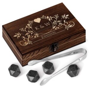 maverton whisky stones gift set for parents - 6 granite whiskey rocks - stainless steel pliers - elegant wooden box with engraving - for wedding - for couples - classic