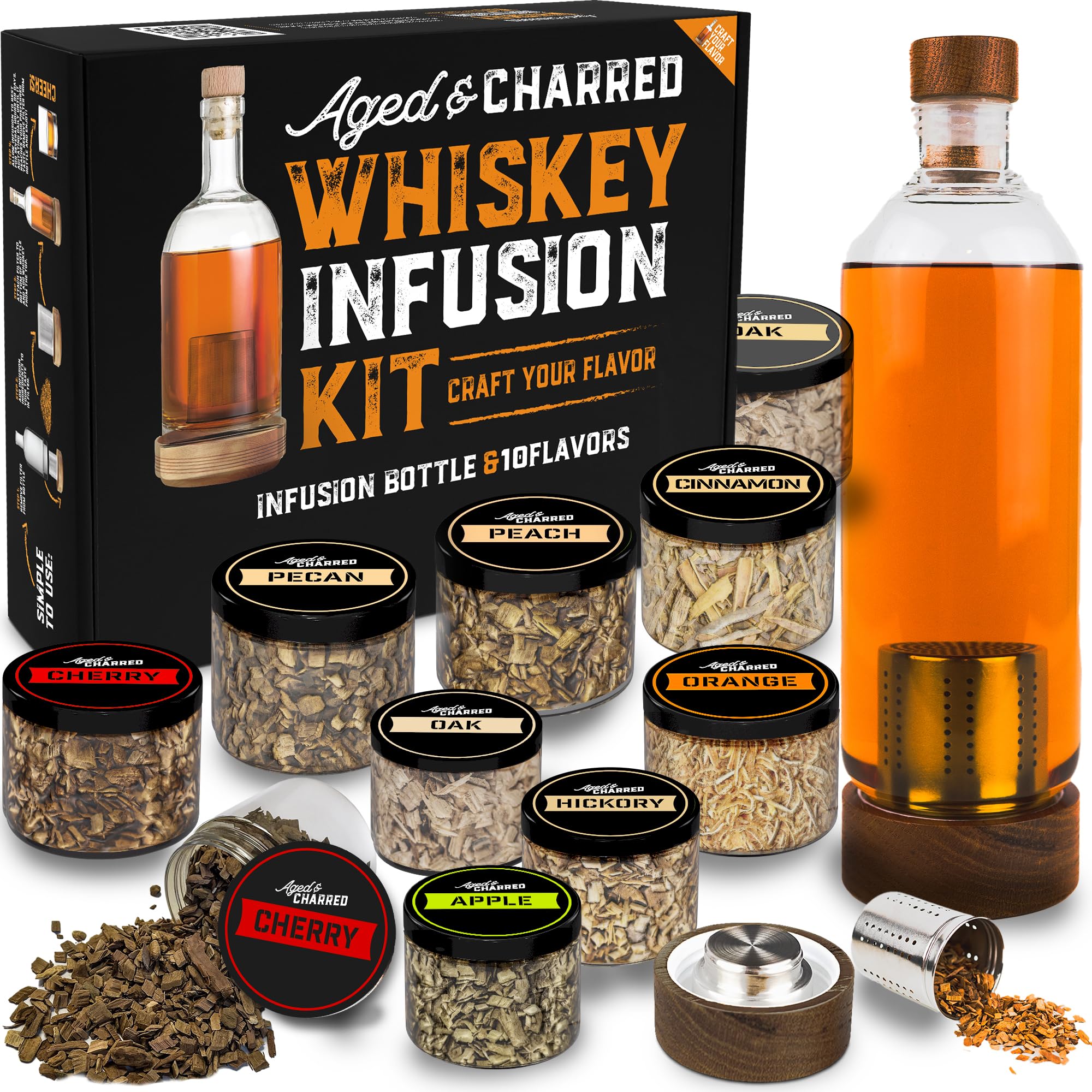 Whiskey Infusion Kit + Wood Chips (Variety 4-Pack) - Mixology-Set for Bartender - Whisky, Bourbon, Vodka Gift for Men - DIY Kits for Adults - Bartender Kit - Valentine Whiskey Gifts for Men and Women