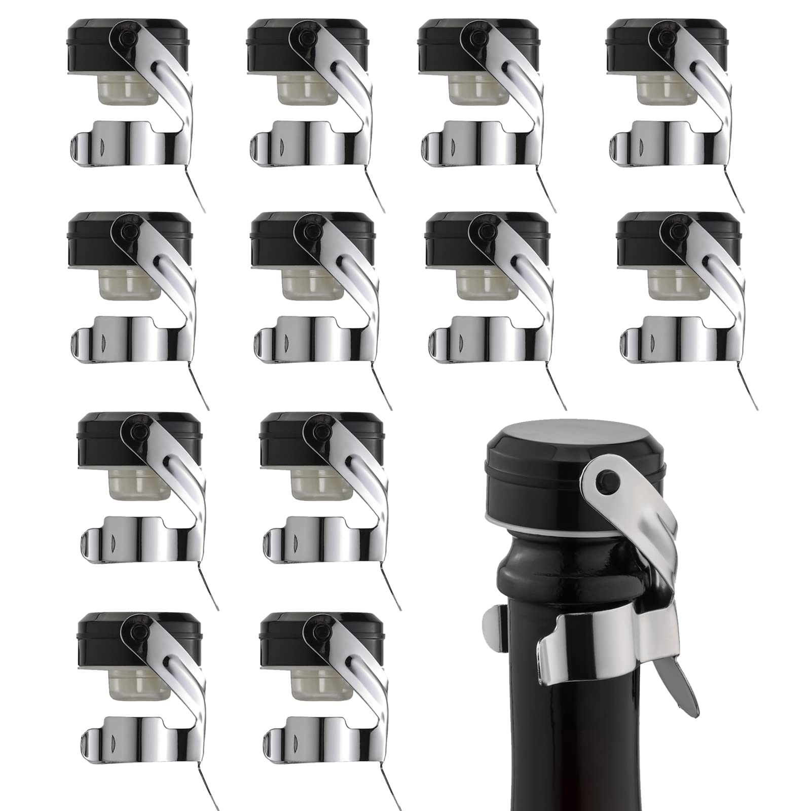 WOTOR Champagne&Wine Bottle Stoppers Stainless Steel with Food Grade Silicone, Leak Proof Keep Fresh Reusable Saver, Cork Suitable for Wine, Champagne, Cava, Prosecco and Sparkling (12 Pack Silver）