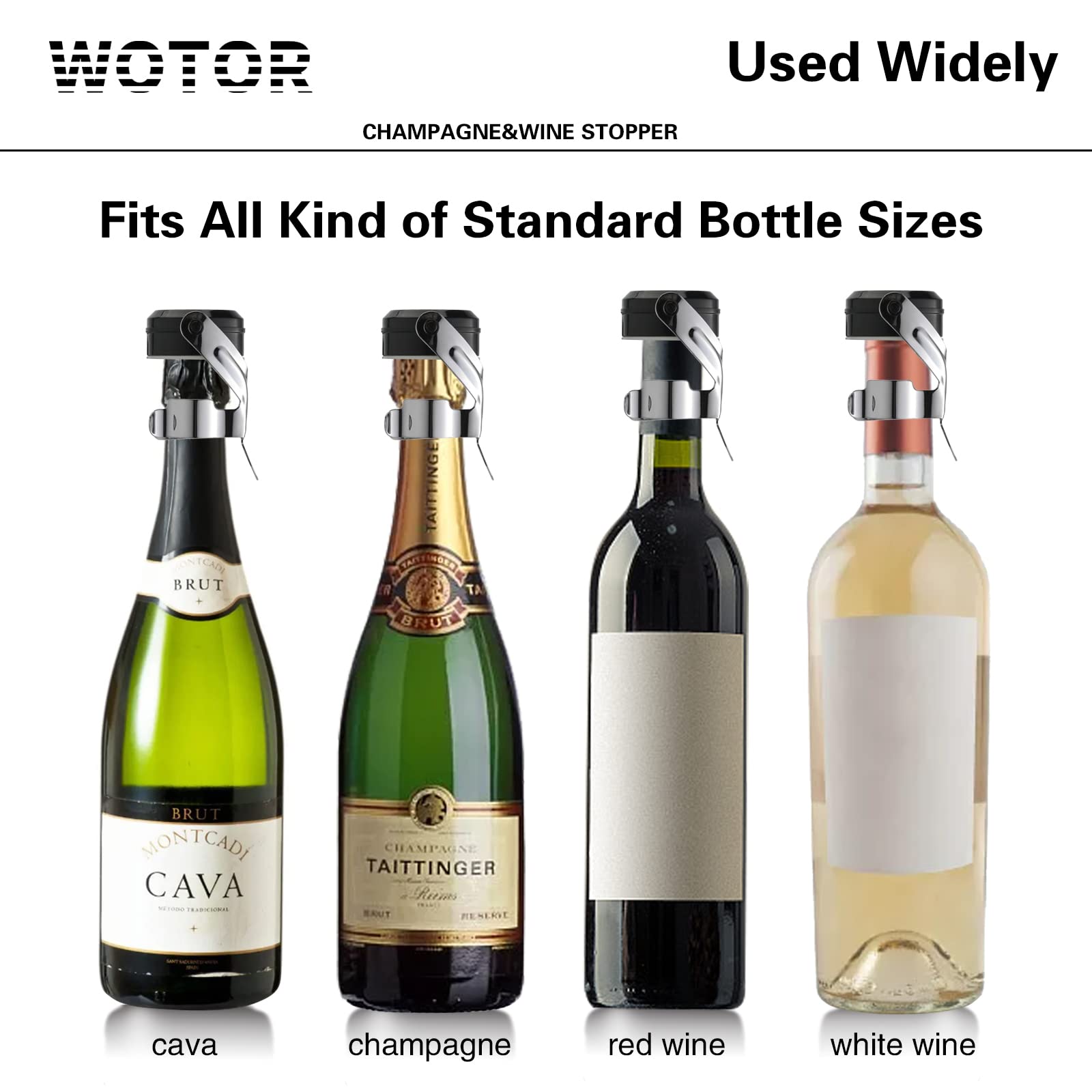 WOTOR Champagne&Wine Bottle Stoppers Stainless Steel with Food Grade Silicone, Leak Proof Keep Fresh Reusable Saver, Cork Suitable for Wine, Champagne, Cava, Prosecco and Sparkling (12 Pack Silver）