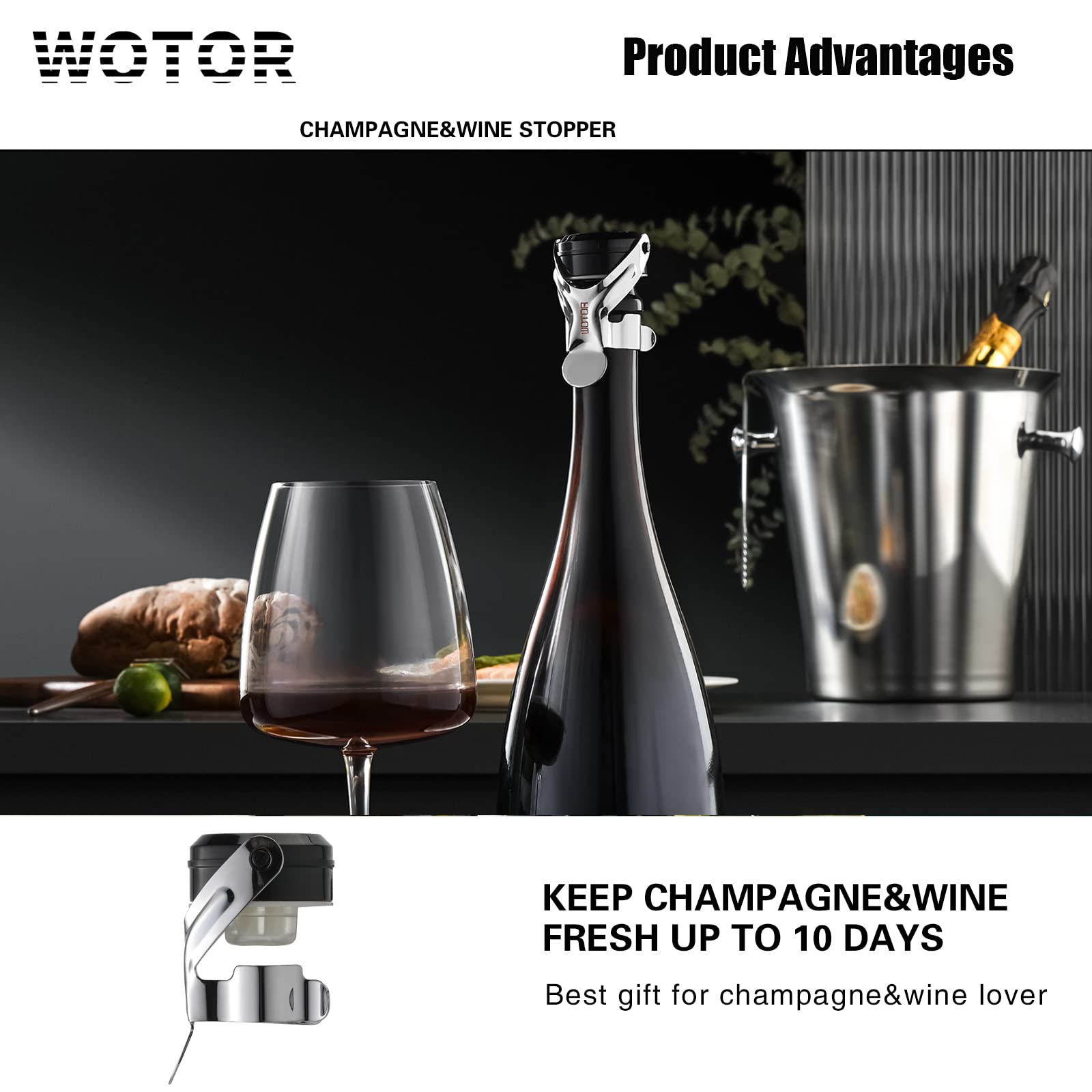 WOTOR Champagne&Wine Bottle Stoppers Stainless Steel with Food Grade Silicone, Leak Proof Keep Fresh Reusable Saver, Cork Suitable for Wine, Champagne, Cava, Prosecco and Sparkling (12 Pack Silver）