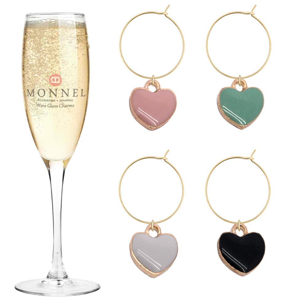 MONNEL Wine Glass Charms Assorted Tiny Love Hearts Marker Gifts for Party with Velvet Bag Set of 4 Color P433