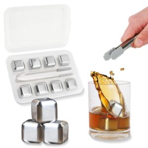 g francis beverage chiller stones - 8pc reusable freezer whisky stainless steel ice cube set with tongs and container