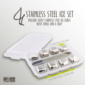 G Francis Beverage Chiller Stones - 8pc Reusable Freezer Whisky Stainless Steel Ice Cube Set with Tongs and Container