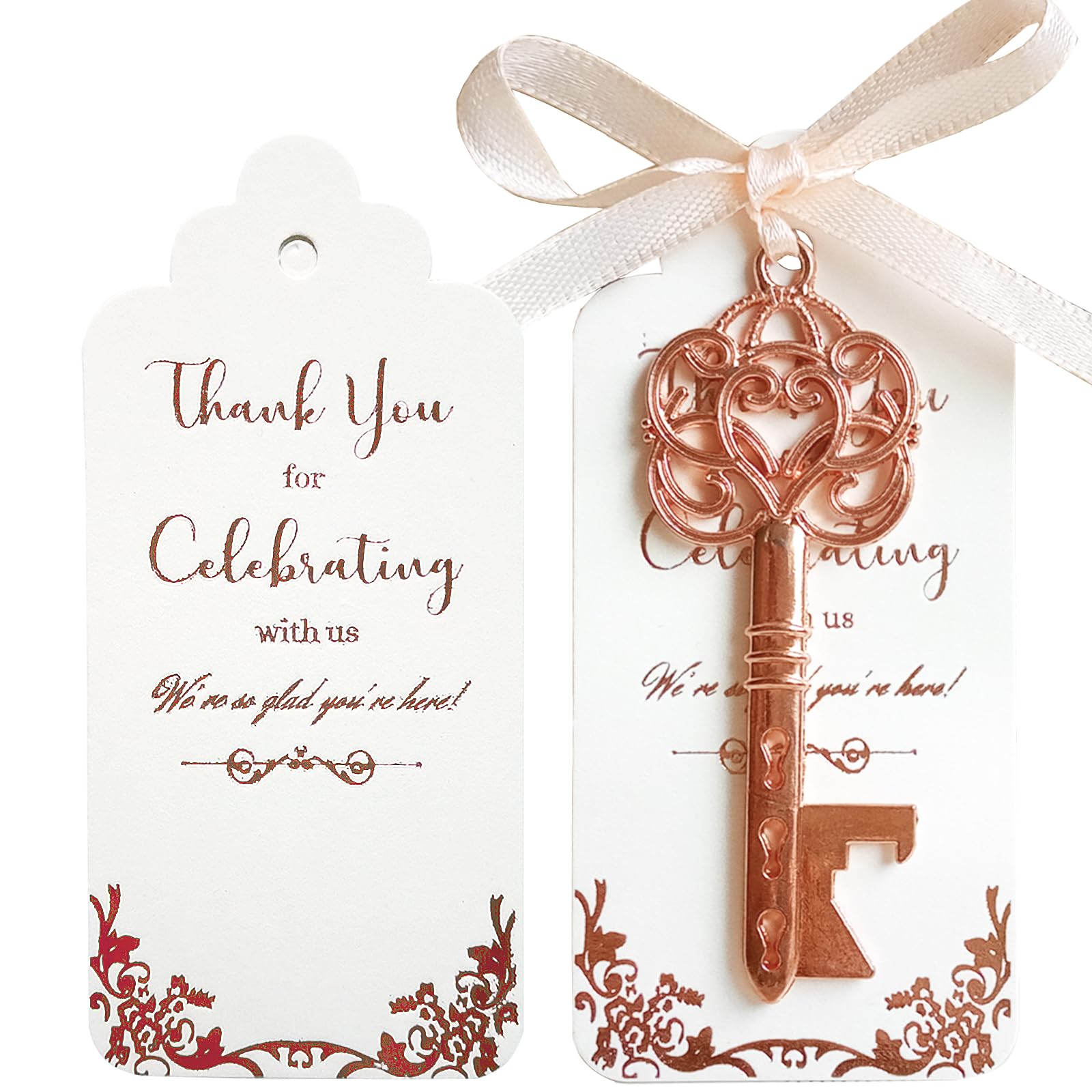 Efoxmoko 25 Rose Gold Metal Skeleton Key Bottle Opener Wedding Party Favors – with Rose Gold Foil White Tag & Light Peach Color Ribbon – Useful Bridal Shower Rustic Gift for Guests Bulk – Unassembled