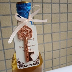 Efoxmoko 25 Rose Gold Metal Skeleton Key Bottle Opener Wedding Party Favors – with Rose Gold Foil White Tag & Light Peach Color Ribbon – Useful Bridal Shower Rustic Gift for Guests Bulk – Unassembled