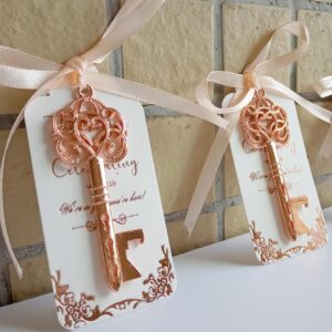 Efoxmoko 25 Rose Gold Metal Skeleton Key Bottle Opener Wedding Party Favors – with Rose Gold Foil White Tag & Light Peach Color Ribbon – Useful Bridal Shower Rustic Gift for Guests Bulk – Unassembled