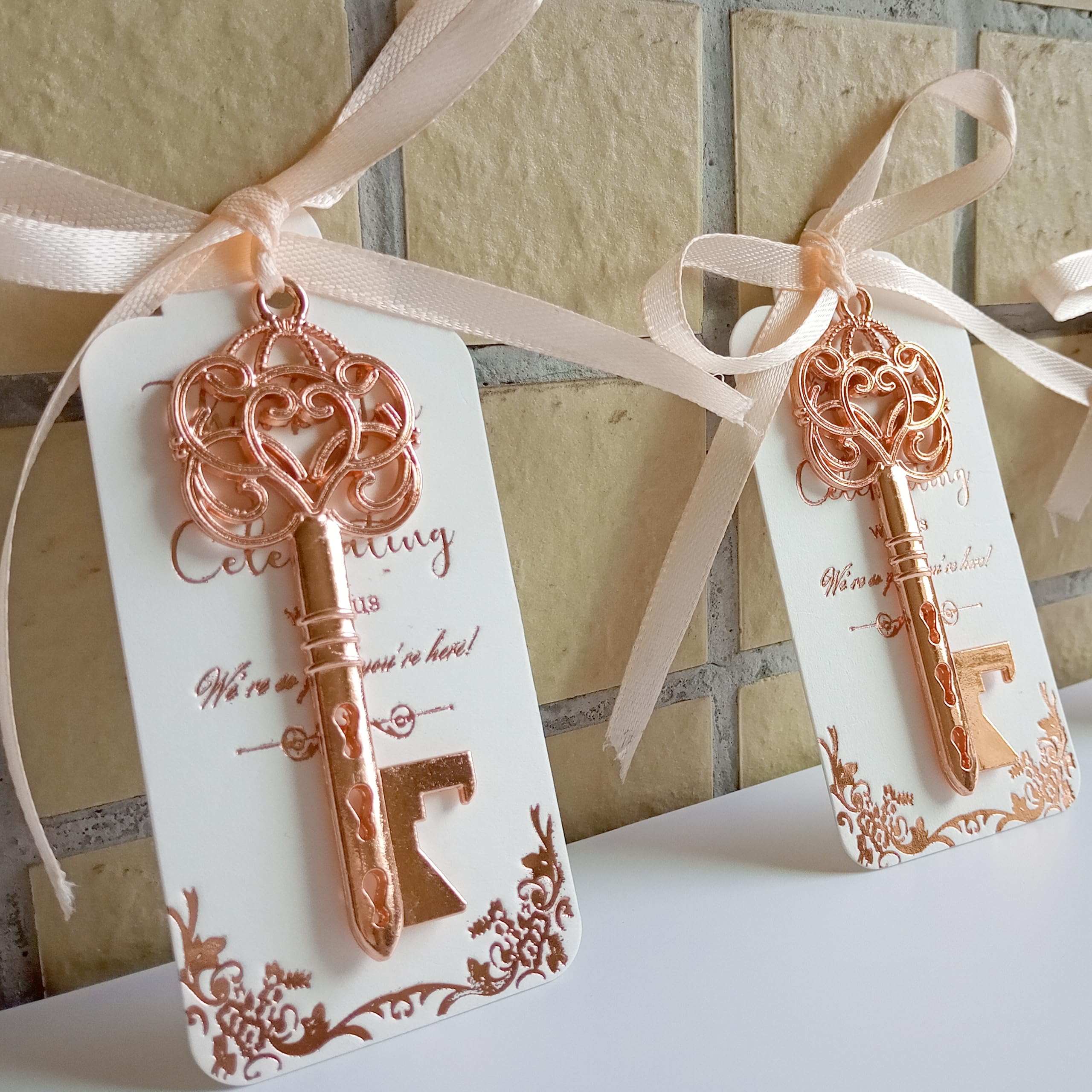 Efoxmoko 25 Rose Gold Metal Skeleton Key Bottle Opener Wedding Party Favors – with Rose Gold Foil White Tag & Light Peach Color Ribbon – Useful Bridal Shower Rustic Gift for Guests Bulk – Unassembled