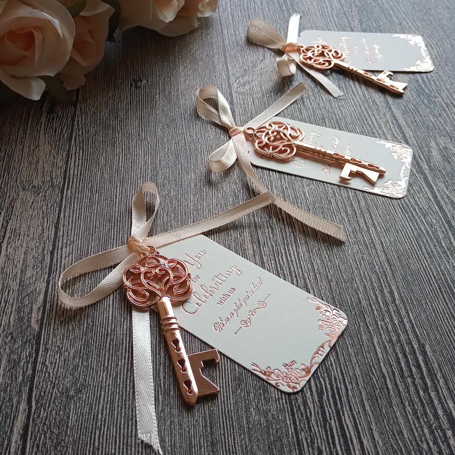 Efoxmoko 25 Rose Gold Metal Skeleton Key Bottle Opener Wedding Party Favors – with Rose Gold Foil White Tag & Light Peach Color Ribbon – Useful Bridal Shower Rustic Gift for Guests Bulk – Unassembled