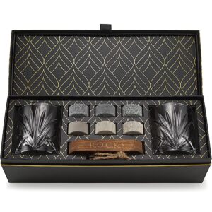 whiskey chilling stones gift set - 6 handcrafted premium granite round sipping rocks - 2 heavy bourbon glasses - hardwood presentation & storage tray - elegant gold foil gift box by r.o.c.k.s.