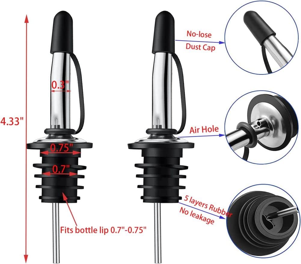 6 Pack Speed Pourers Spouts with Tapered, Liquor Pourers with Rubber Cap, Stainless Steel, Hygienic, Dishwasher Safe, Fits most Classic Bottle's Lip up to 3/4"