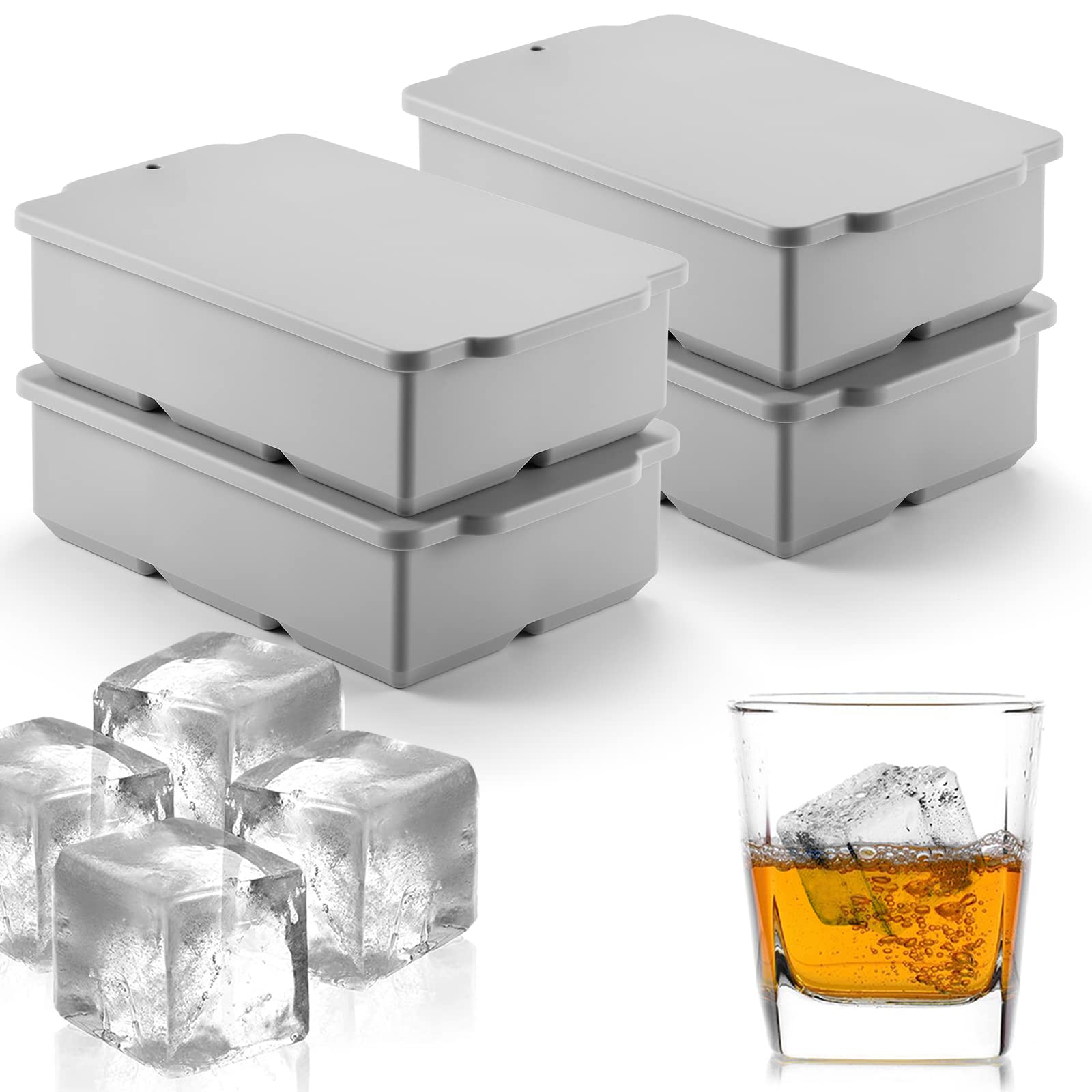 Nax Caki Silicone Large Ice Cube Trays with Lid Pack of 4, Stackable Big Square Ice Cube freezer Molds for Whiskey Cocktails Bourbon Soups Frozen Treats