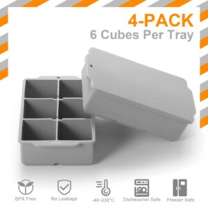 Nax Caki Silicone Large Ice Cube Trays with Lid Pack of 4, Stackable Big Square Ice Cube freezer Molds for Whiskey Cocktails Bourbon Soups Frozen Treats