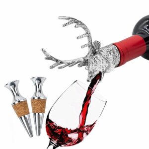 wine pourer wine aerators,deer stag head bottle pourer,stainless steel stags head wine pourer, ideal bar accessories christmas birthday and wedding gifts (silver)