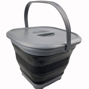 SAMMART 8.5L (2.2 Gallon) Collapsible Square Handy Bucket with Lid/Foldable Square Water Pail with Lid/Portable Tub with Handle and Lid (Grey/Black)