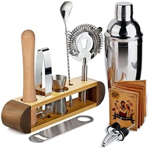 tj.moree bartender kit with stand, 11-piece bar tool set cocktail set perfect home bartender set and martini shaker set for drink mixing experience - walnut