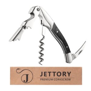 jettory wine opener - professional waiters corkscrew w/foil cutter, beer opener & dual hinge for wine bottle - stainless steel wine key for servers, bartenders and home use