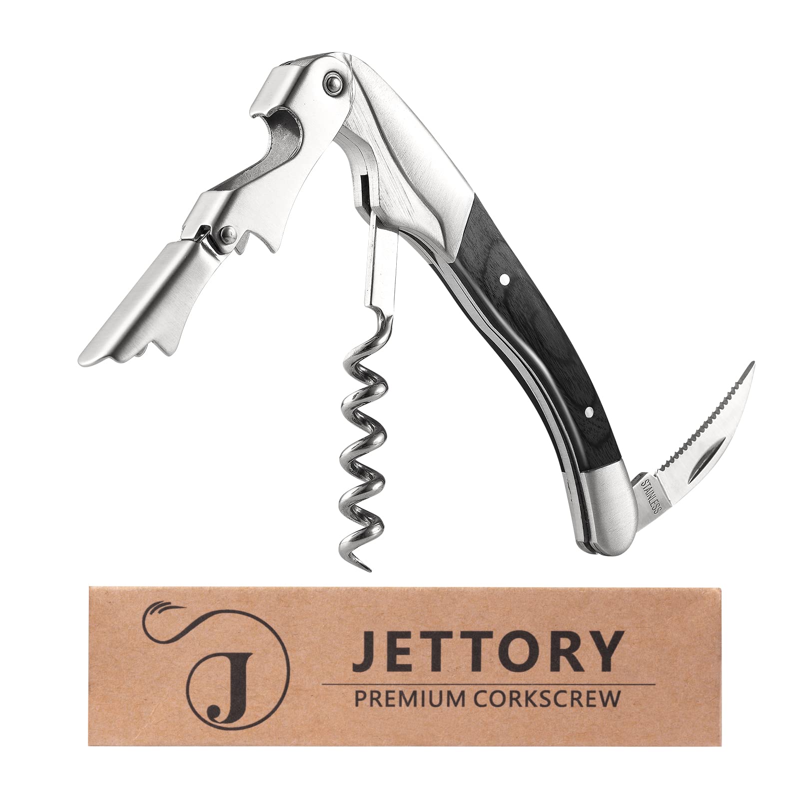 Jettory Wine Opener - Professional Waiters Corkscrew w/Foil Cutter, Beer Opener & Dual Hinge for Wine Bottle - Stainless Steel Wine Key for Servers, Bartenders and Home Use