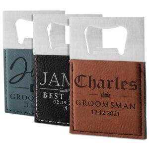 set of 5 - groomsmen gifts for wedding - personalized laser engraved bottle openers for groomsman, best man & father of groom - 8 designs & 3 colors - bachelor party favors