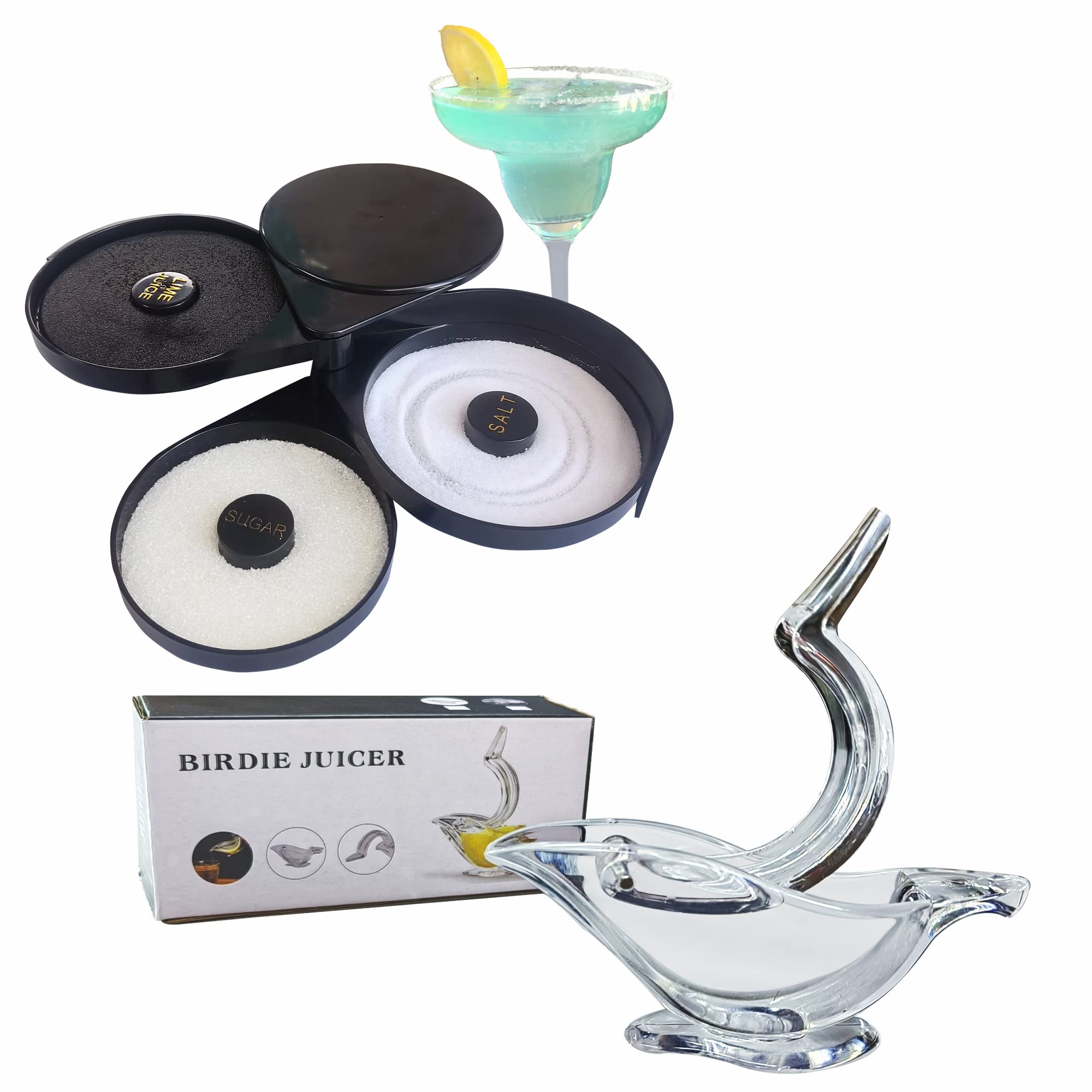 3-Tiers Margarita Salt Rimmer Set,Margarita Sugar Rimmer Set,Bartesian Cocktail Salt Rimmer,Bar Tools and 1 Pcs Hand Juicer Lemon Squeezer,Portable Transparent Acrylic Bird Lemon Juicer