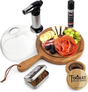 foghat cocktail smoker cloche set, bourbon whiskey barrel oak smoking fuel & smoking torch | with butane infuse whiskey, cheese, meats, bbq