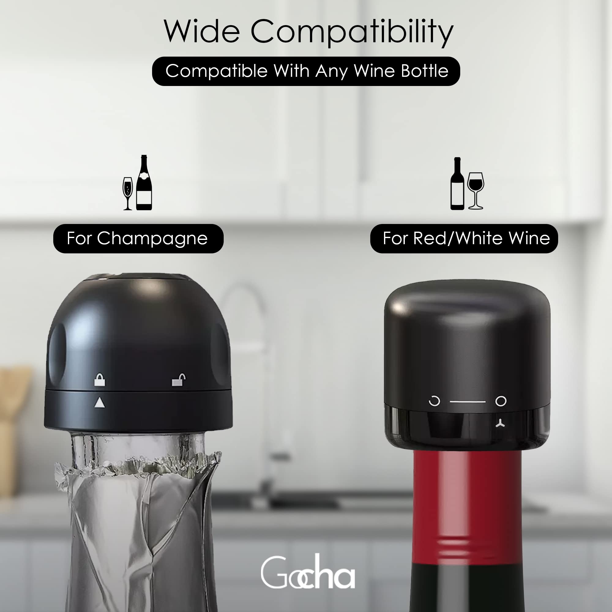 GOCHA Gadgets | Vacuum Wine Stopper | Champagne Stoppers With Vacuum Built-in | 1.5 inch Silicone Twist Top Wine Stopper | Reusable, Leak Proof (2 Wine + 2 Champagne Cork Stopper) | (Pack of 4)