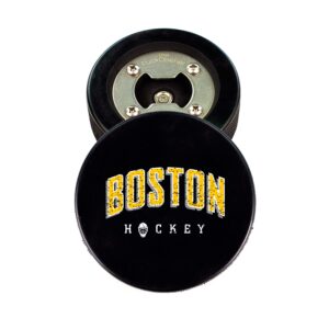 boston bottle opener, made from a real hockey puck, cap catcher magnet, drink coaster, hockey city design, the puckopener