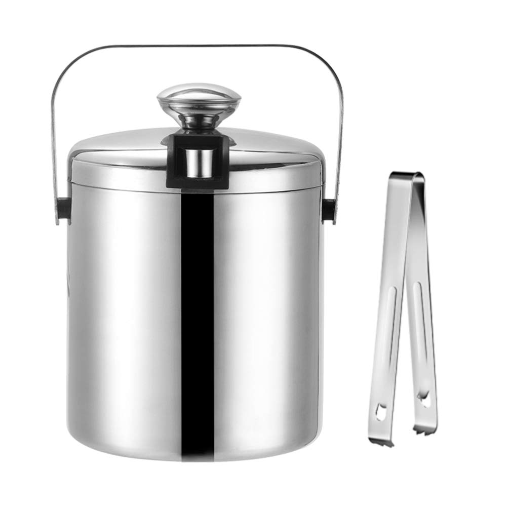 Hemoton Stainless Steel Ice Bucket with Lid Tongs and Strainer 1.3 L Double Wall Ice Barrel Insulated Ice Cube Bucket Ice holder Chilling Beer Bucket for Cocktail Bar, Parties, Buffet