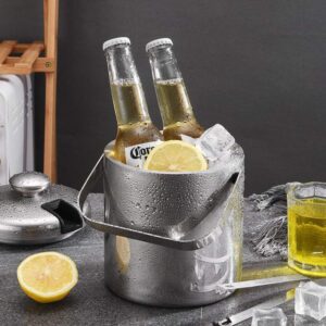 Hemoton Stainless Steel Ice Bucket with Lid Tongs and Strainer 1.3 L Double Wall Ice Barrel Insulated Ice Cube Bucket Ice holder Chilling Beer Bucket for Cocktail Bar, Parties, Buffet