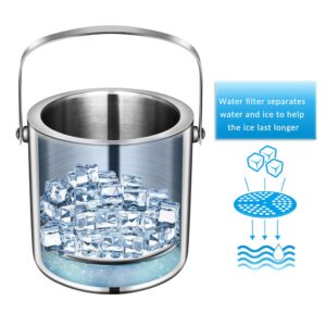 Hemoton Stainless Steel Ice Bucket with Lid Tongs and Strainer 1.3 L Double Wall Ice Barrel Insulated Ice Cube Bucket Ice holder Chilling Beer Bucket for Cocktail Bar, Parties, Buffet