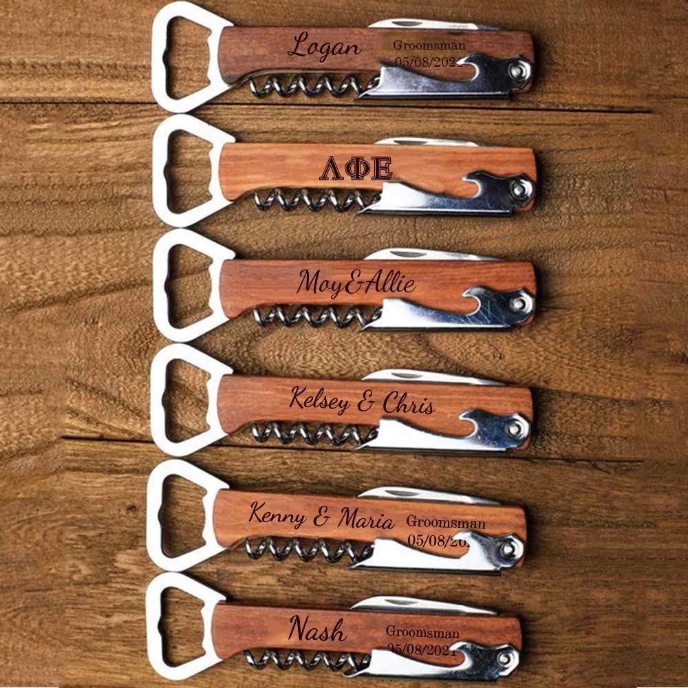 Akubi Engraved Wood Wine Corkscrew Bottle Opener Multi Function Cutter Personalized Groomsmen Bridesmaid Wedding Party Gifts Opener with Knife wood opener