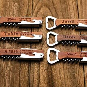 Akubi Engraved Wood Wine Corkscrew Bottle Opener Multi Function Cutter Personalized Groomsmen Bridesmaid Wedding Party Gifts Opener with Knife wood opener