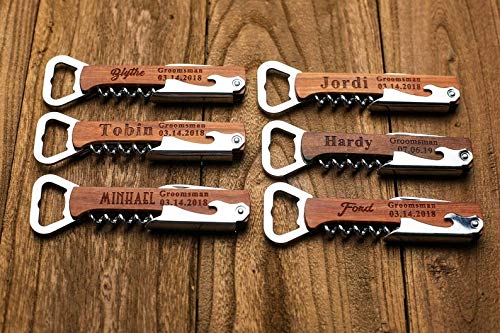 Akubi Engraved Wood Wine Corkscrew Bottle Opener Multi Function Cutter Personalized Groomsmen Bridesmaid Wedding Party Gifts Opener with Knife wood opener