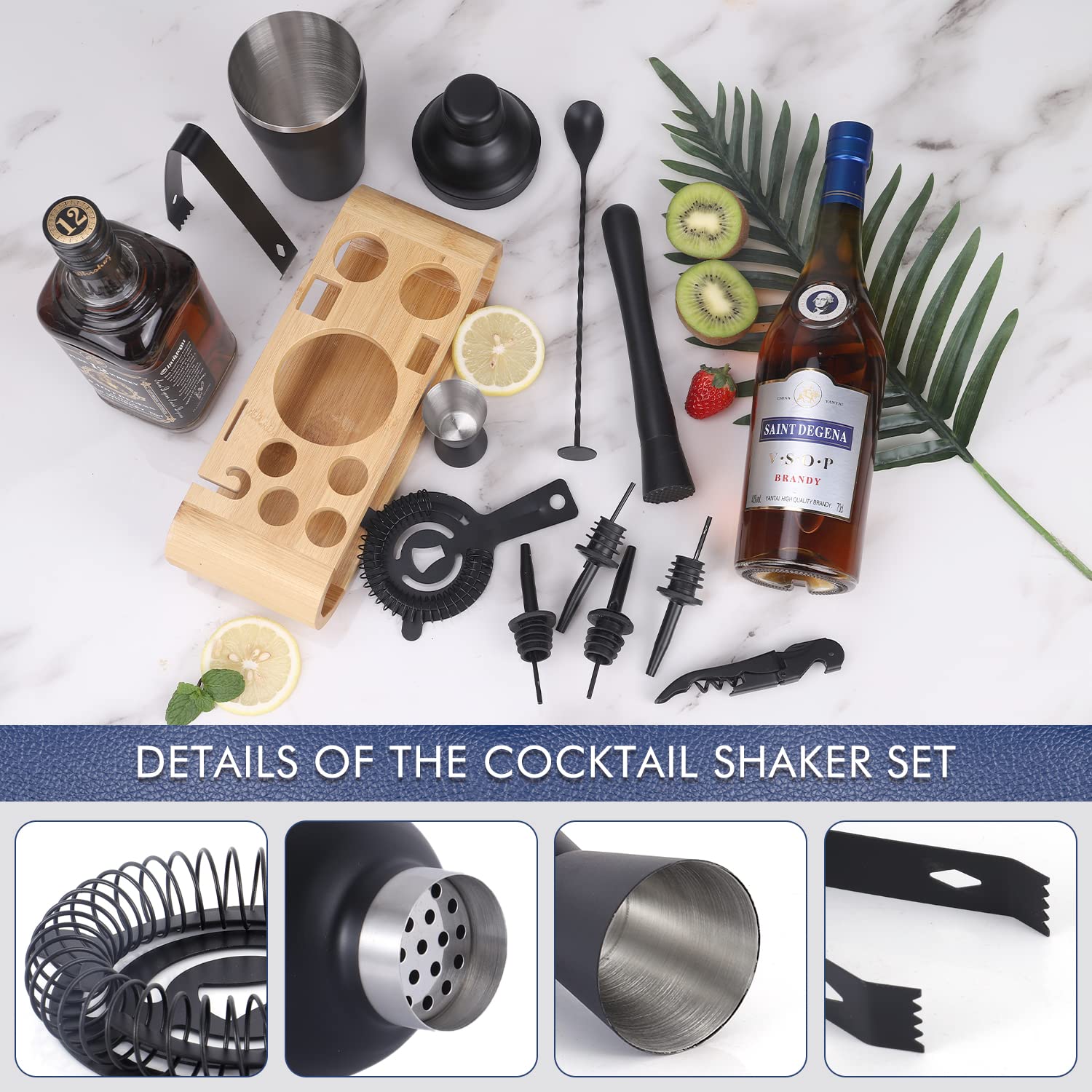 JNWINOG 12Pcs-Cocktail Shaker Set Stainless Steel Bartending Kit 18.6oz Cocktail Bar Set Cocktail Mix Drink Making Kit Professional Bar and Home Drink Bar Tools for Bartender(Matte Black)