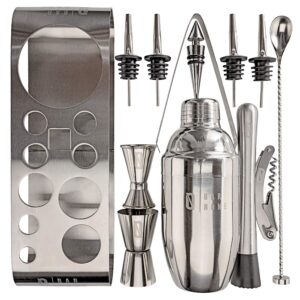 BAR NONE The Cocktail Set | 12-Piece + Stand Bar Set | Exquisite Quality Bartender Kit + Tools | Martini Shaker, Jigger, Shots, Muddler, Spoon, Ice Tongs, Corkscrew Knife Bottle Opener & Liquor Pourer