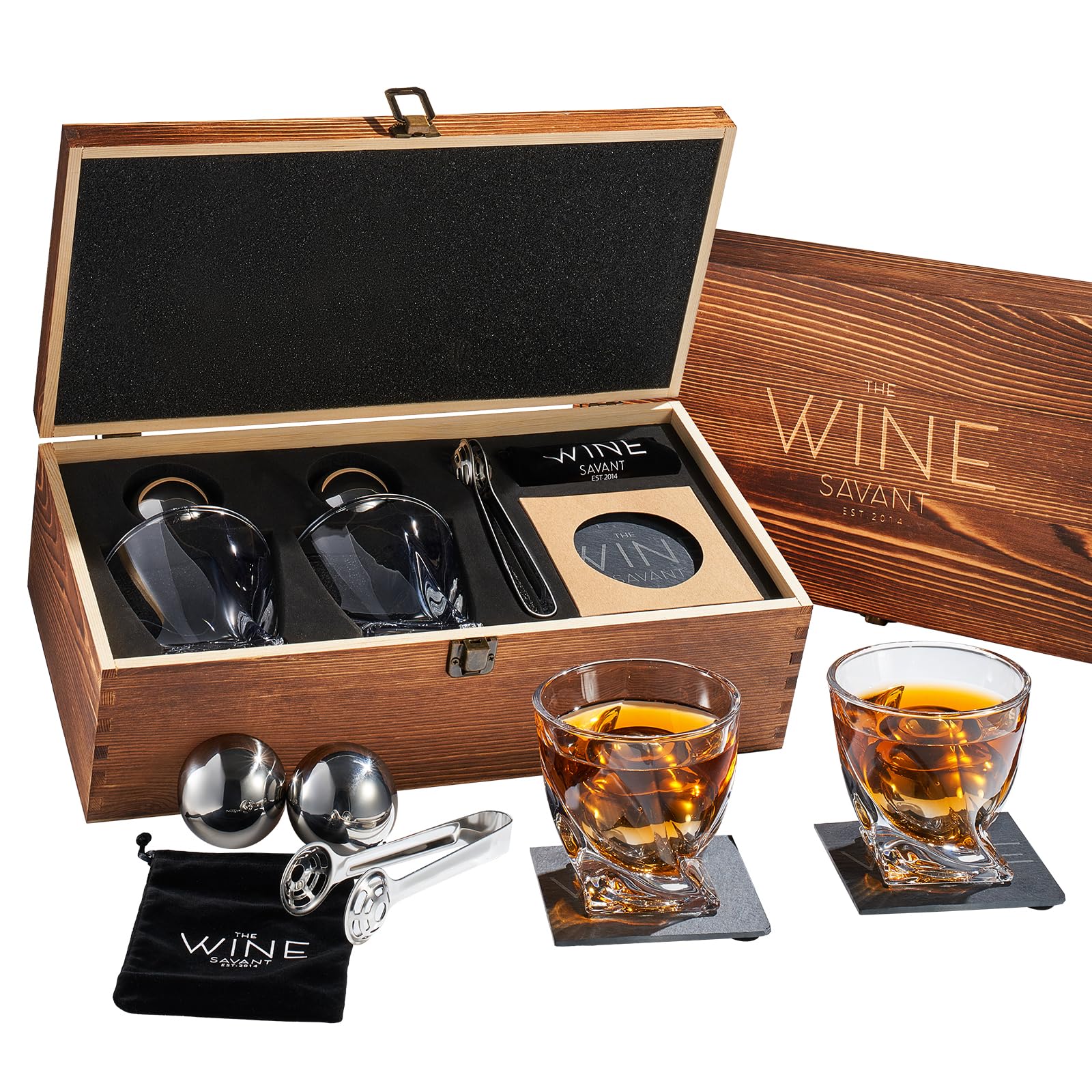 Whiskey Stones Gift Set - Whiskey Glass Set of - 2 King-Sized Chilling Stainless-Steel Whiskey Balls - Scotch Bourbon Box Set - Best Drinking Gifts - Men Dad Husband Birthday Party Present