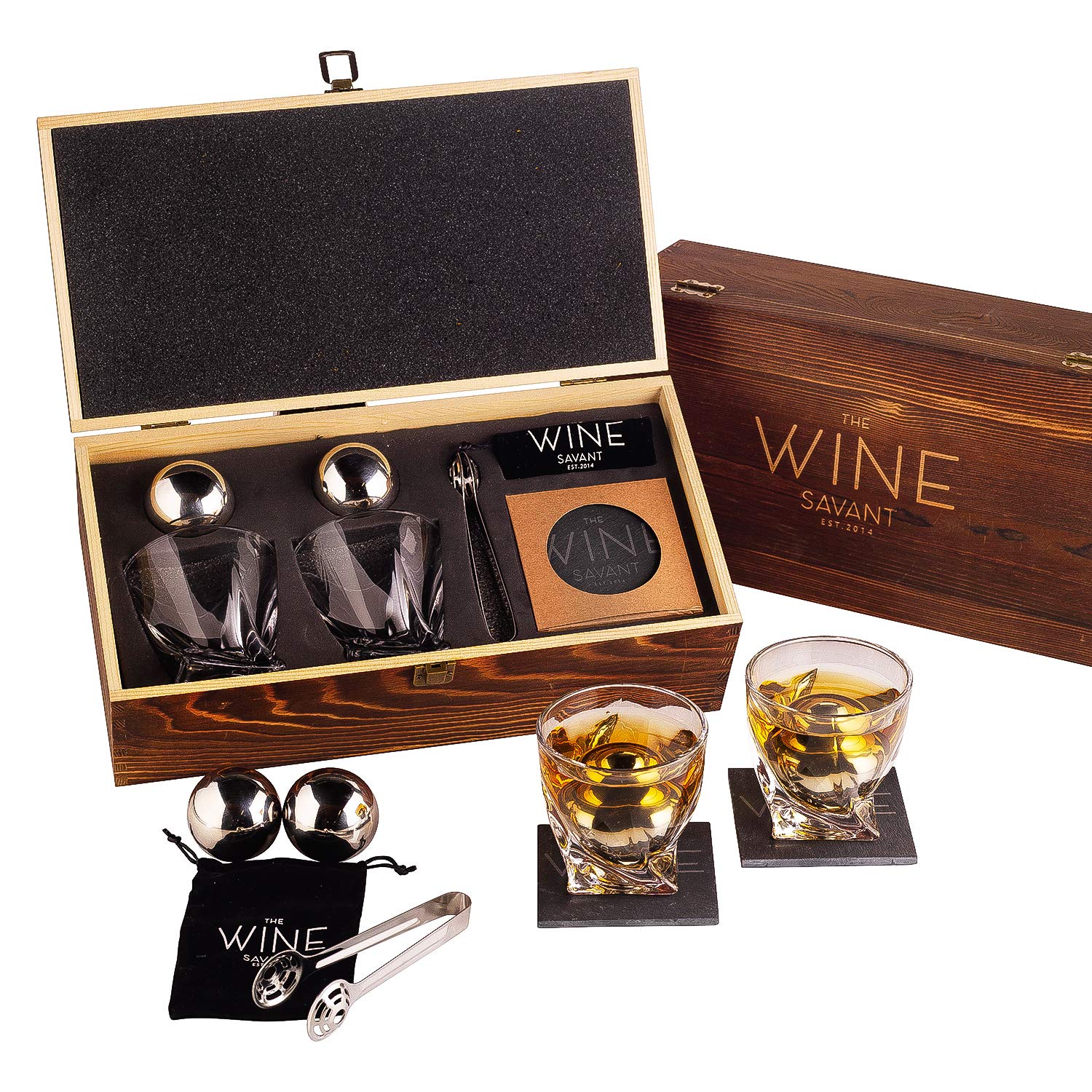 Whiskey Stones Gift Set - Whiskey Glass Set of - 2 King-Sized Chilling Stainless-Steel Whiskey Balls - Scotch Bourbon Box Set - Best Drinking Gifts - Men Dad Husband Birthday Party Present