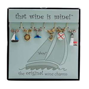 wine things 6-piece wine charms/wine glass tags/drink markers for stem glasses, wine tasting party (ahoy!)