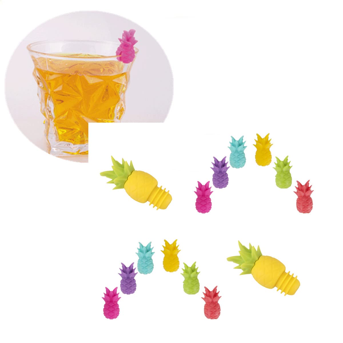 Beetoo Pineapple Wine Glass Markers, 14PCS Pineapple Drink Markers, Pineapple Silicone Bottle Stopper Wine Glass Markers for Party Practical and Fashion