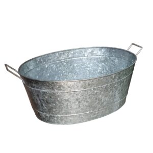 benjara bm195212 9 x 15 x 21 in. embossed design oval shape galvanized steel tub with side handles, silver - small