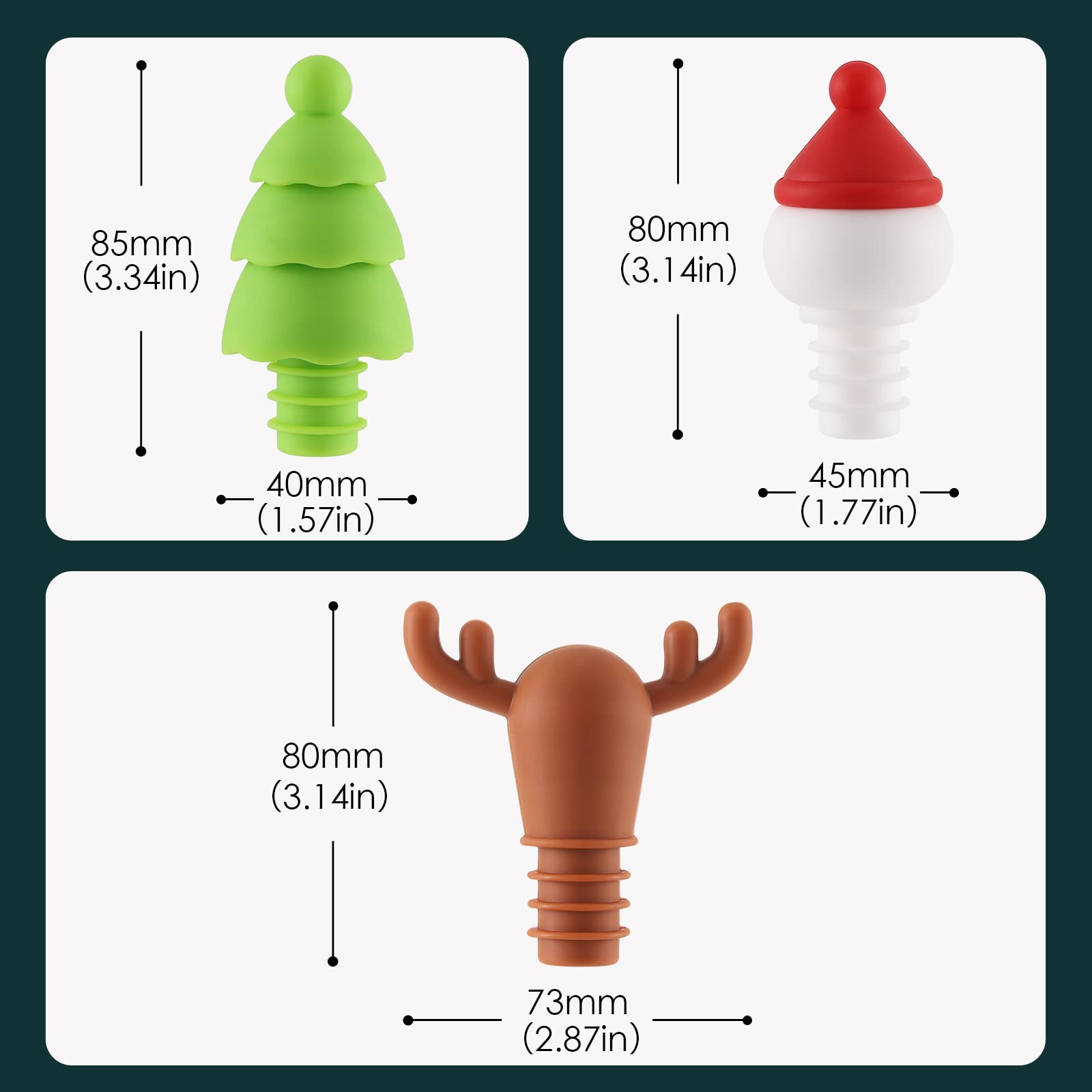 Vzaahu Wine Bottle Stoppers, 3-Pack Silicone Reusable Christmas Decor Wine Stoppers for 0.8"/2 cm Mouth Wine Bottle, Wine Outlet Cap, Bottle Cover, Beverage Bottle Stoppers