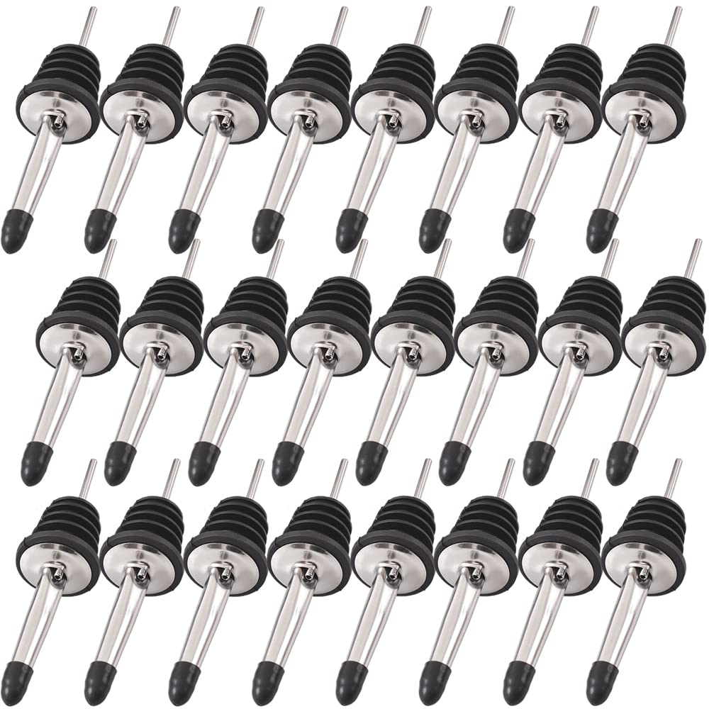 Newk Stainless Steel Pourers, 24 Pack Classic Bottle Pourers Tapered Spout with Rubber Caps, Suitable for Pours Liquor, Vinegar, Syrup or Olive Oils(24 Bottle Pourers+24 Dust Covers)