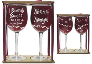 i solemnly swear that i am up to no good and mischief managed stemmed wine glass two glass set with charms and presentation packaging