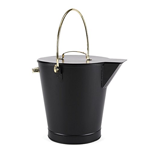 Minuteman International Fireplace Ash Can Bucket Pail, Black with Polished Brass