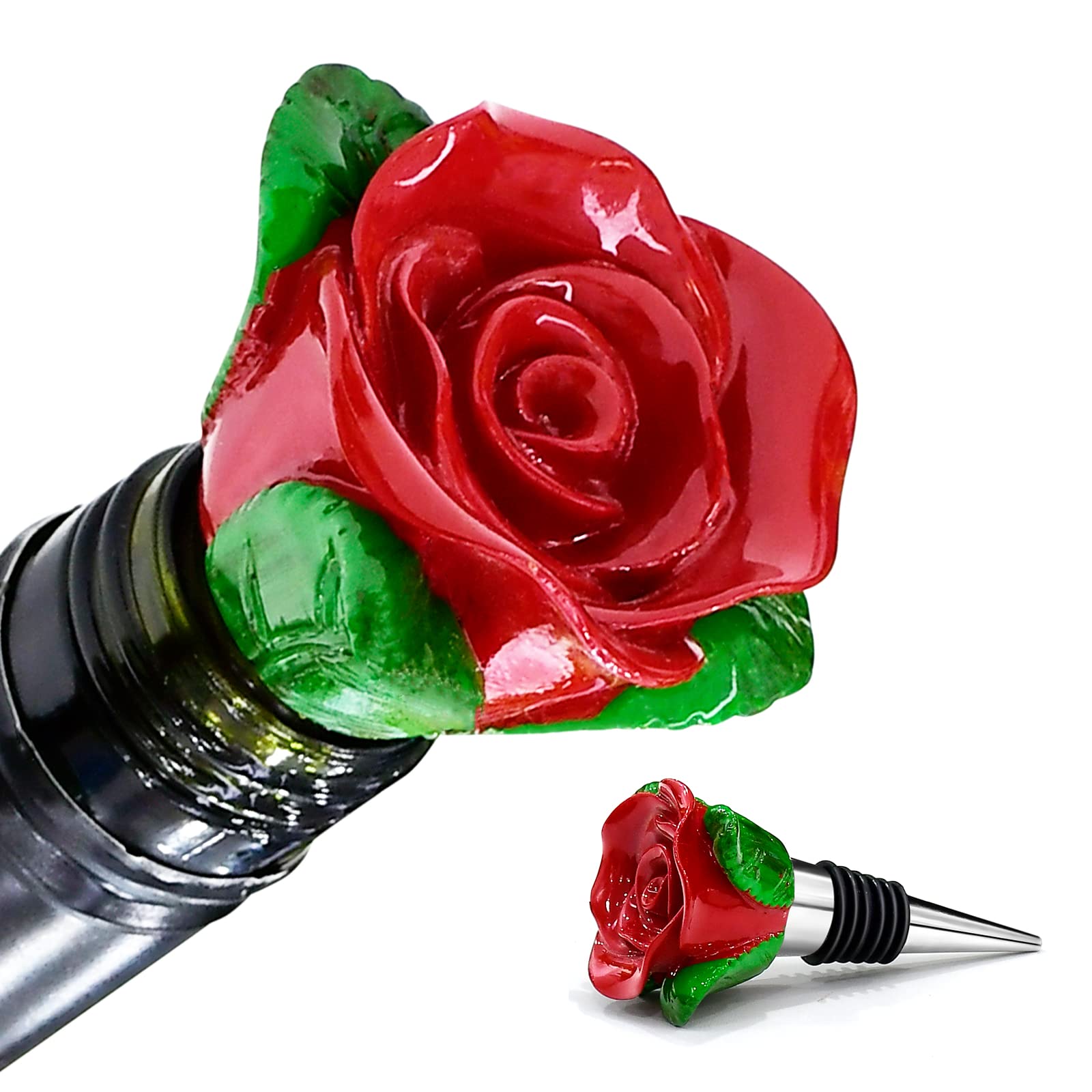 Mother's Day Souvenir Gifts Supplies - Rose Bottle Wine Stoppers, Novelty Resin Metal Wine Bottle Stopper, 5 Inches, Red Rose, Reusable for Beer & Wine